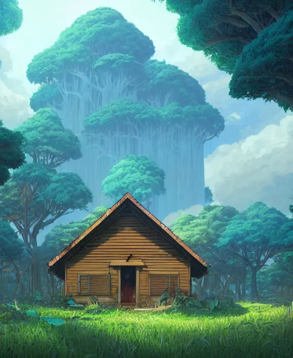 Image similar to a large, simple, schoolhouse made from exotic leaves, overgrown with huge exotic fungus, deep in the woods, sun drenched, partly cloudy, by dan mumford, yusuke murata, makoto shinkai, ross tran, cinematic, unreal engine, cel shaded, featured on artstation, pixiv