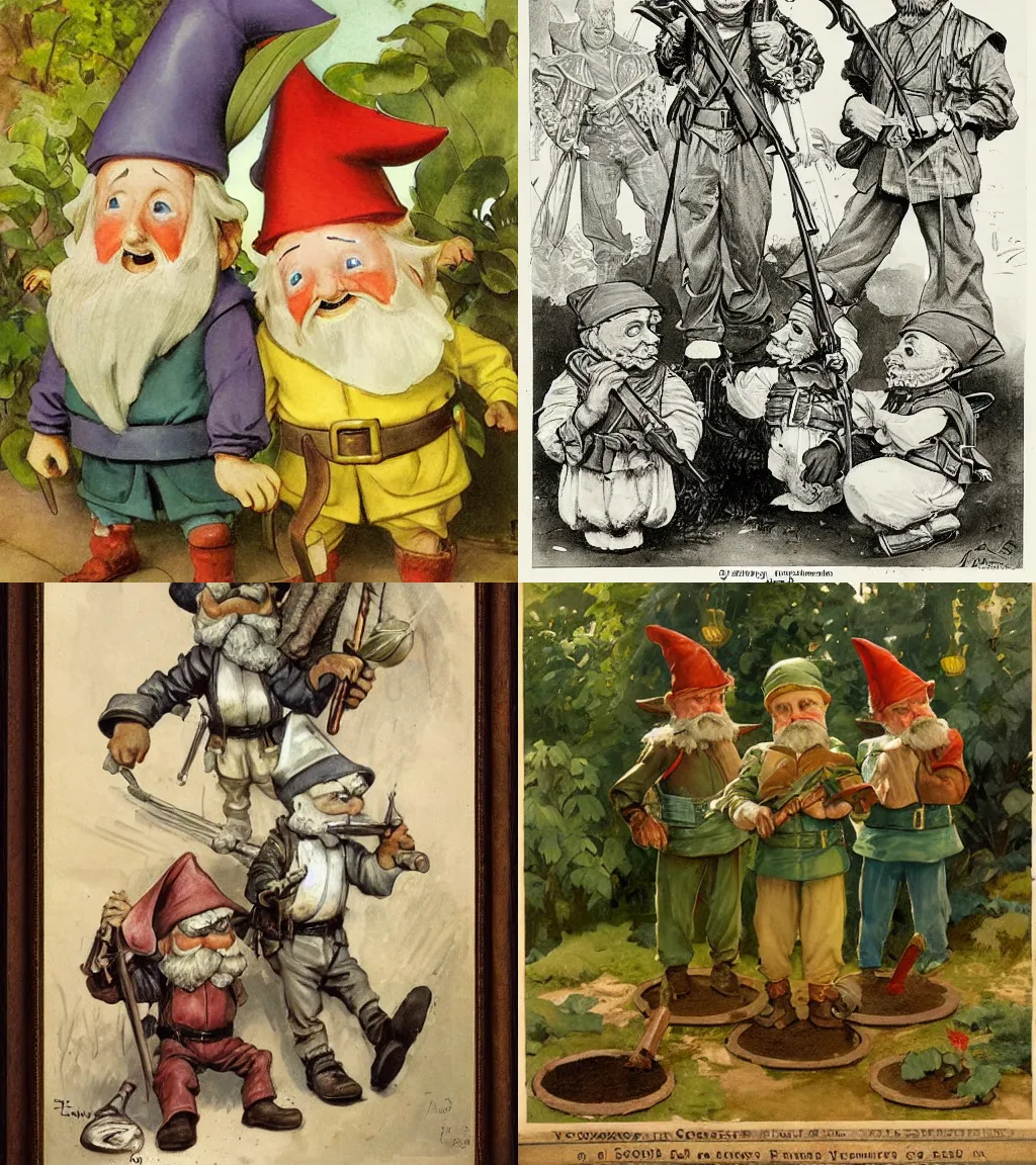 Prompt: Garden gnomes preparing for war, color, by Frank Leyendecker, by Jospeh Kernan, by Frederick Sands Brunner.