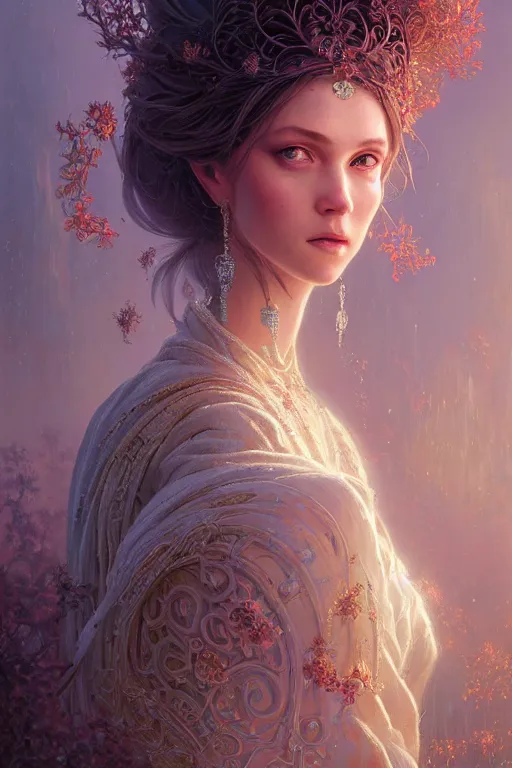 Image similar to highly detailed portrait of beautiful ethereal woman in ornate clothing, stephen bliss, unreal engine, fantasy art by greg rutkowski, loish, rhads, ferdinand knab, makoto shinkai and lois van baarle, ilya kuvshinov, rossdraws, tom bagshaw, global illumination, radiant light, detailed and intricate environment