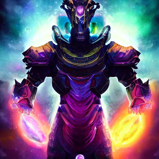 Image similar to photorealistic fantasy cosmic concept art of a cosmic god with armor made out of planets and dark matter, hovering in a unknown galaxy, fully body portrait, cinematic, dynamic lighting, ultra detailed, creative, trending on art station, stunning visuals, creative