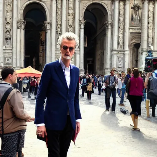 Prompt: portrait of peter capaldi visiting piazza del duomo milan