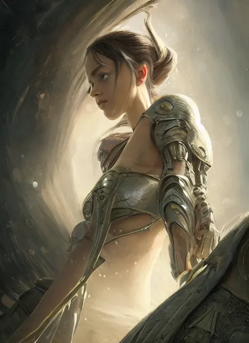 Image similar to a professional portrait of a beautiful young female, clothed in ethereal battle armor, olive skin, long dark hair, beautiful bone structure, symmetrical facial features, intricate, elegant, digital painting, concept art, smooth, sharp focus, finely detailed, illustration, from Valerian and the City of a Thousand Planets, in the style of Ruan Jia and Mandy Jurgens and Artgerm and Greg Rutkowski and William-Adolphe Bouguerea