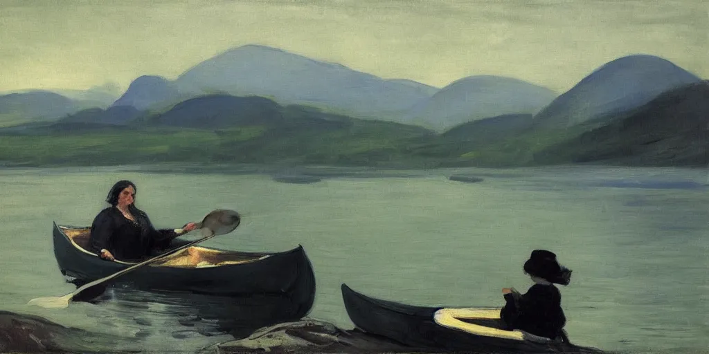 Prompt: “ a woman sitting in canoe on the hudson river, mountains in fog background, green colors, highly detailed, oil painting, by george bellows ”