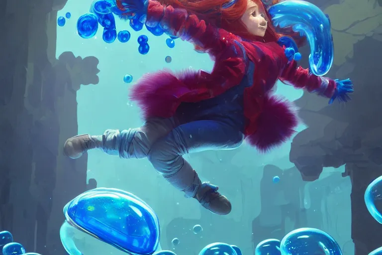 Image similar to madeline from celeste jumping into a green jelly bubble wearing a blue bubble jacket has a red long hair, highly detailed, digital painting, artstation, concept art, sharp focus, illustration, art by greg rutkowski and alphonse mucha