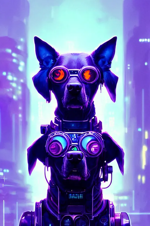 Image similar to a beautiful portrait of a cute cyberpunk dog by greg rutkowski and wlop, purple blue color scheme, high key lighting, volumetric light, digital art, highly detailed, fine detail, intricate, ornate, complex, octane render, unreal engine, photorealistic