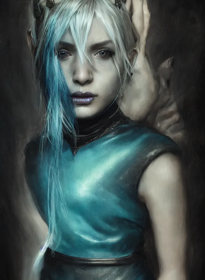 Image similar to a half portrait of a young sorceress wearing an azure leather dress from skyrim, platinum hair, fantasy setting, beautiful face, dark colors, scary lighting, atmospheric, cinematic, moody, in the style of diego koi, gina heyer, luiz escanuela, art by alyssa monk, hyperrealism, rule of thirds, golden ratio, oil on canvas, 8 k