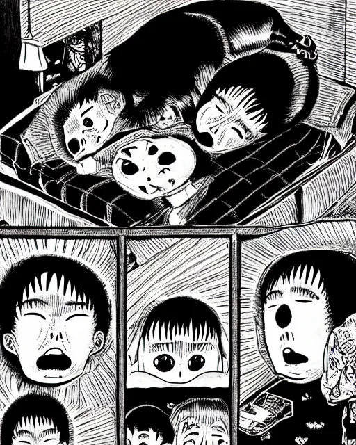 Prompt: three panels of junji ito's 'there's a large, black, shadowy cat under the bed', full width, zoomed out, room shot, first person