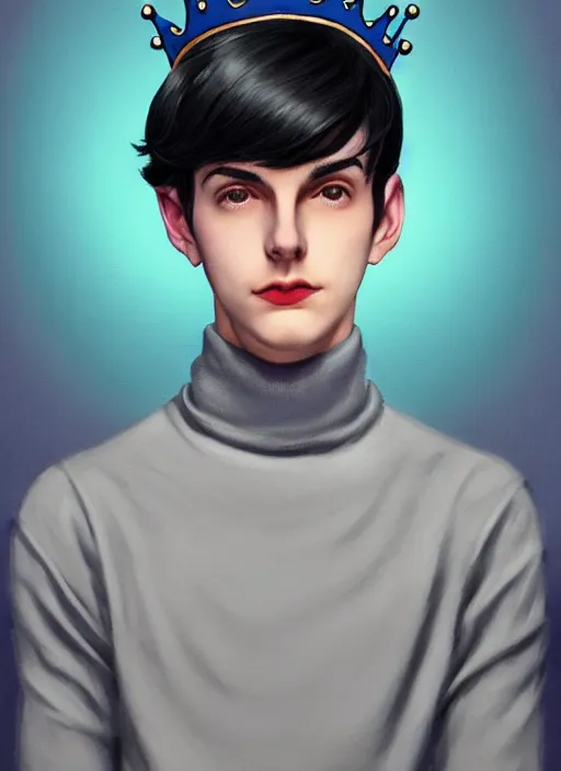 Image similar to portrait of teenage jughead jones wearing a light grey crown, crown, blue turtleneck, 1 9 5 0 s, closed eyes, photorealistic, black hair, glowing lighting, intricate, elegant, glowing lights, highly detailed, digital painting, artstation, concept art, smooth, sharp focus, illustration, art by wlop, mars ravelo and greg rutkowski