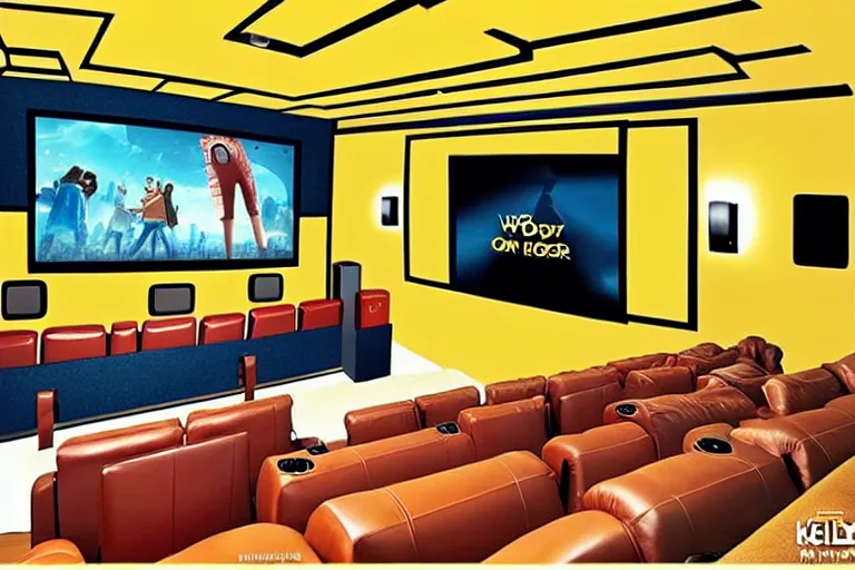 Image similar to wide view, a modern home movie theater with big screen, comfortable, stylish decor, popcorn machine!, movie posters!, very happy, interior designed by kelly wearstler, rough color pencil illustration