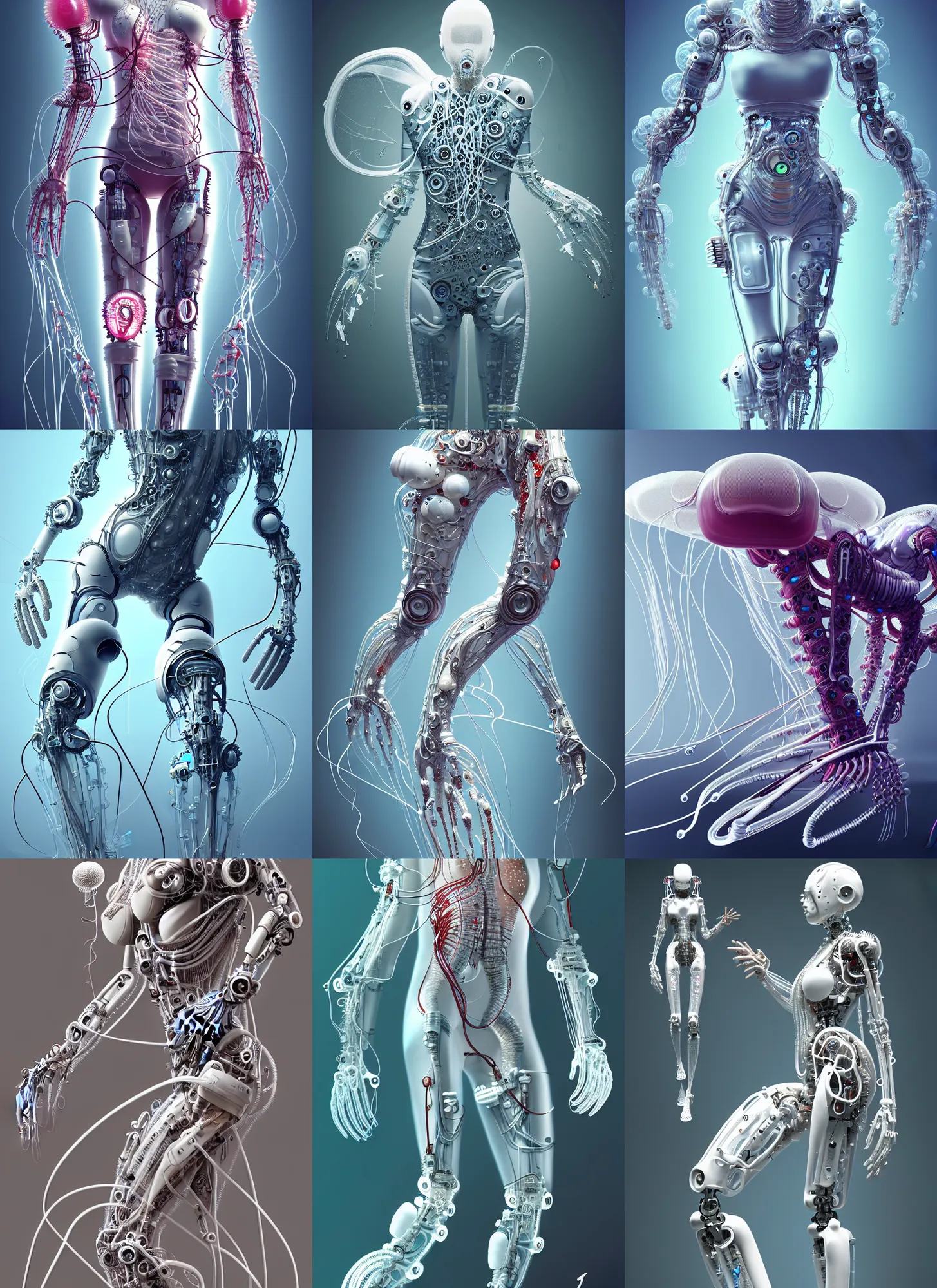 Prompt: sofa, inflateble shapes, wires, tubes, veins, jellyfish, white biomechanical details, wearing epic bionic cyborg implants, masterpiece, intricate, biopunk, vogue, highly detailed, artstation, concept art