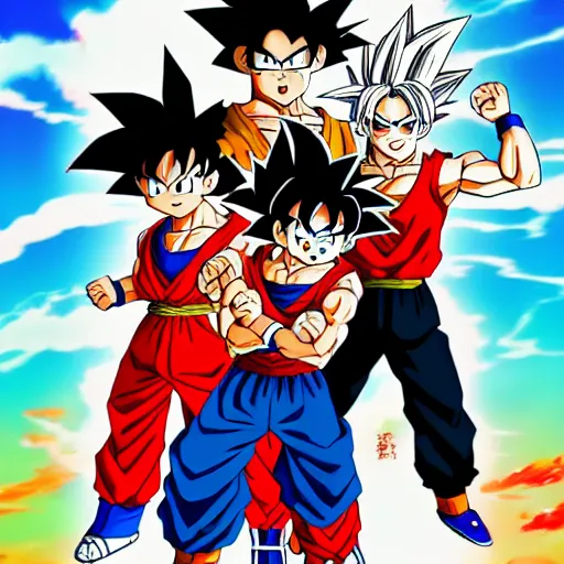 Prompt: goku and his friends posing for a photo in the style of kohei horikoshi and akira toriyama, manga cover