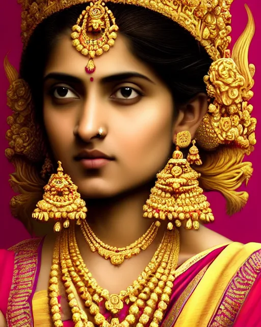Image similar to photo of a gorgeous young Indian woman wearing elaborate heavy baroque jewelry and crown and rococo ornaments in the style of stefan kostic, realistic, sharp focus, symmetric, 8k high definition, insanely detailed, intricate, elegant, art by stanley lau and artgerm, William-Adolphe Bouguereau
