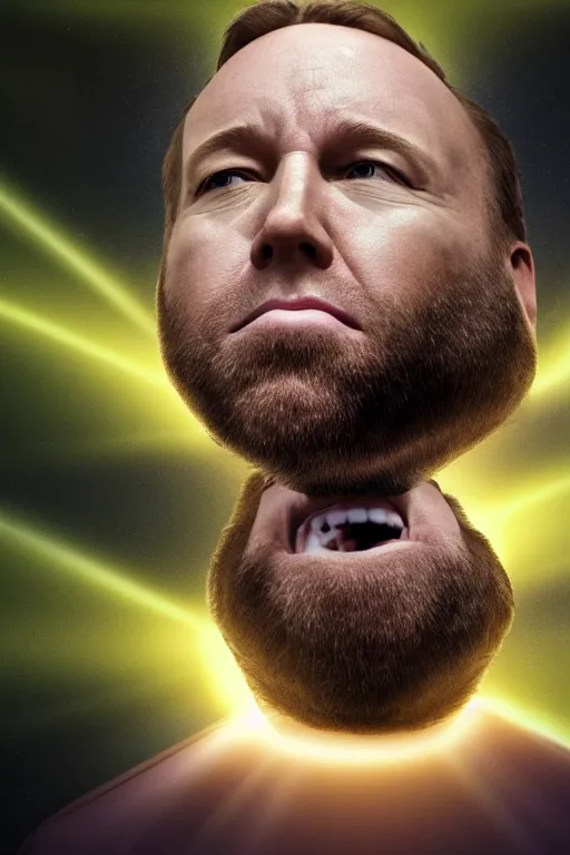 Prompt: A hyper realistic ultra realistic photograph of Alex Jones as the second coming of christ, his head surrounded by light, his face sliding off his skull by Brandon Hughes , detailed, photorealistic imagery, 8k quality