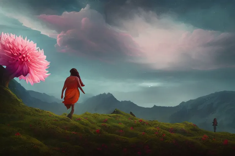 Image similar to giant dahlia flower as a head, girl walking on mountain, surreal photography, stars, dramatic light, impressionist painting, storm clouds, digital painting, artstation, simon stalenhag