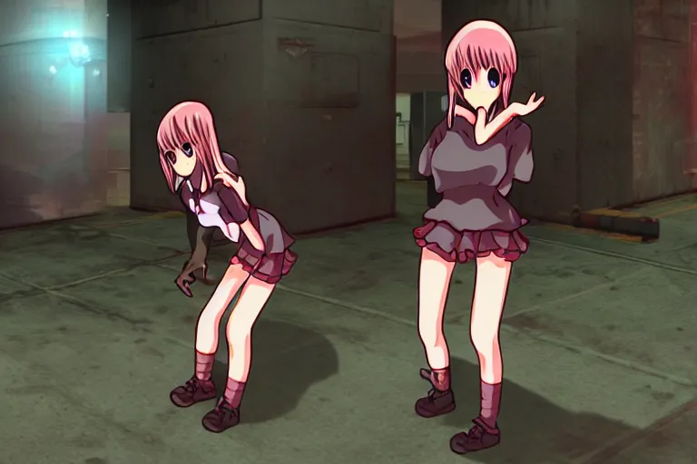 Image similar to an anime girl in a screenshot of the video game doom, the anime girl is crouching