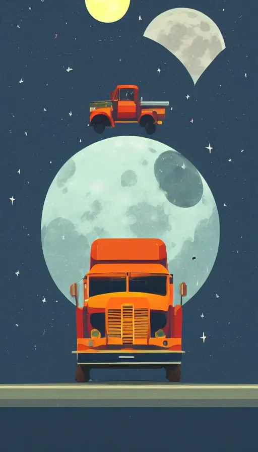 Image similar to truck against a moon, shooting stars, sharp focus, james gilleard, print, game art