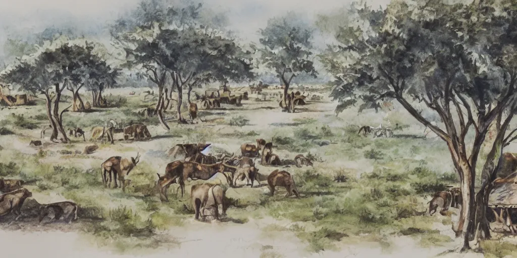 Prompt: a detailed water color painting of an expansive african village