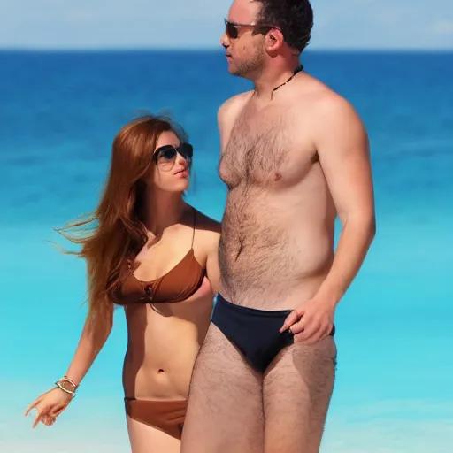 Image similar to photo of a 4 0 year old man that looks young for his age dating a very attractive 2 2 year old woman that's wearing a bikini.