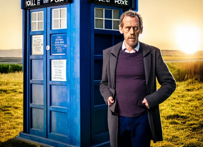 Prompt: dslr photo portrait still of hugh laurie as doctor who in front of the tardis at golden hour, 8 k, 8 5 mm f 1. 4