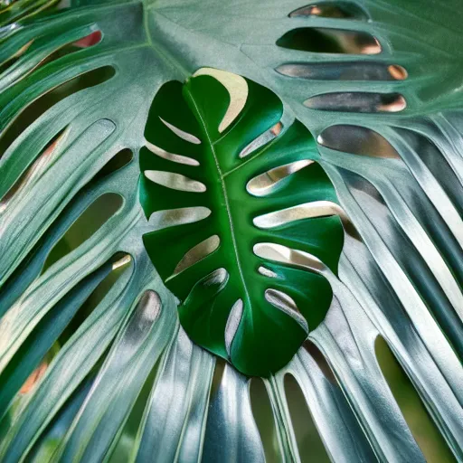 Prompt: a close-up photo of an iridescent scarab in top of a monstera leaf, octane render, realistic, shiny