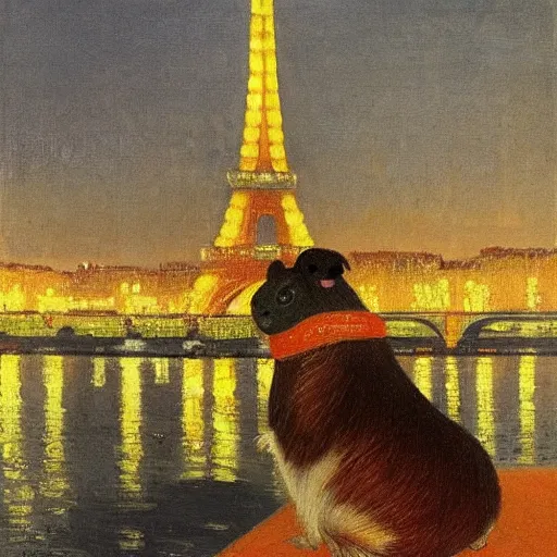 Prompt: A guinea pig in Paris at night, eiffel tower visible in the background, bridge across Seine visible in background, in the style of Ilya Repin