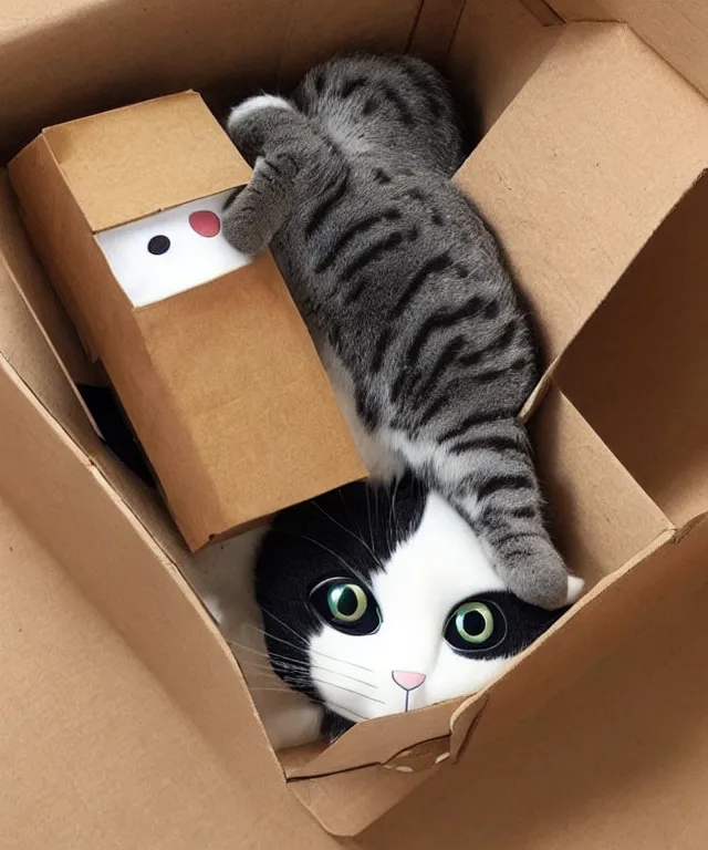 Prompt: a cat plushie in a cardboard box