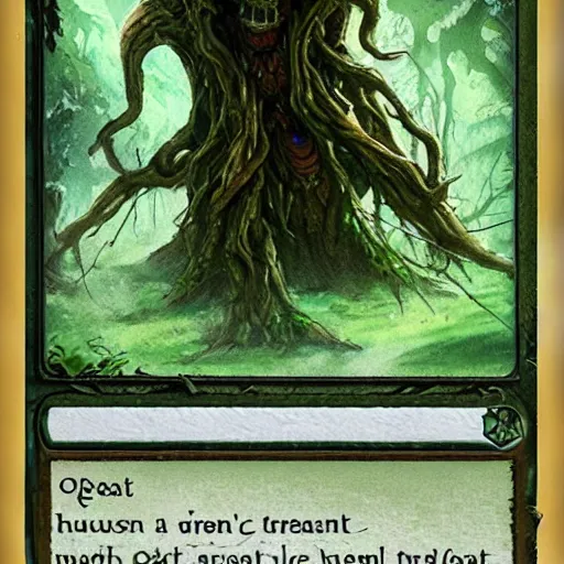 Prompt: giant green old treant creature, treant made of leaves and roots, old treant, old humanoid ents, epic fantasy style, green theme, forest background, hearthstone artwork