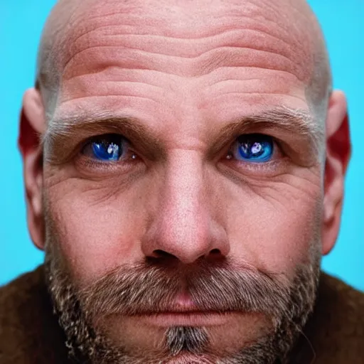 Image similar to tall bald man with blue eyes wrinkles strong jaw high cheekbones mustache small pointy nose no eyebrows large ears