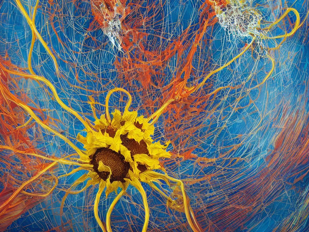 Image similar to Firing synapses in the shape of helianthus connected by dreamcatcher webs, wallpaper, fluid electricity, Nielly