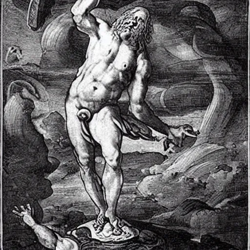 Prompt: Zeus releasing the kraken by Leonardo Da Vinci