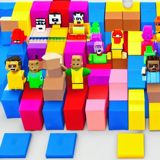 Image similar to block figures looking like roblox figures who are (playing with a computer)!! in a block world, having fun in the sun, bright and fun colors