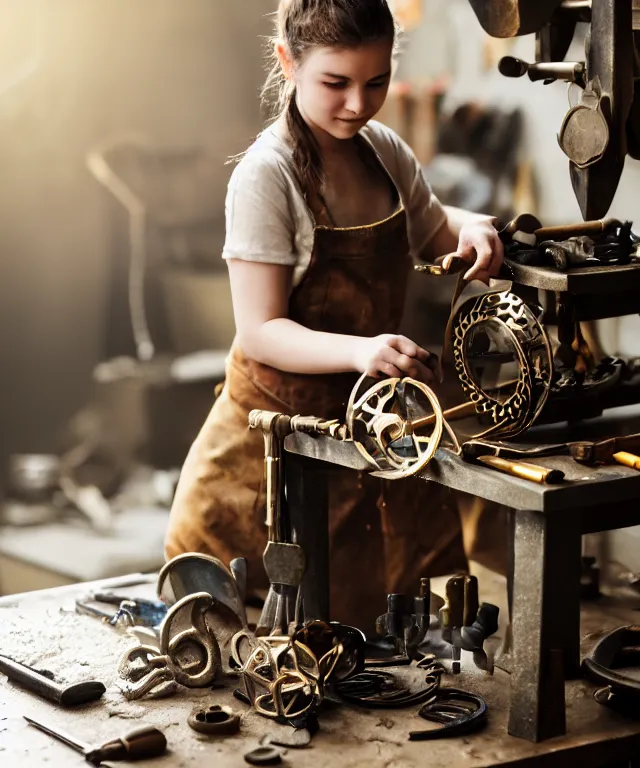 Prompt: A beautiful girl makes bronze gear on a workbench, 50mm photo, soft light, highly detailed, motion blur, trending on artstation