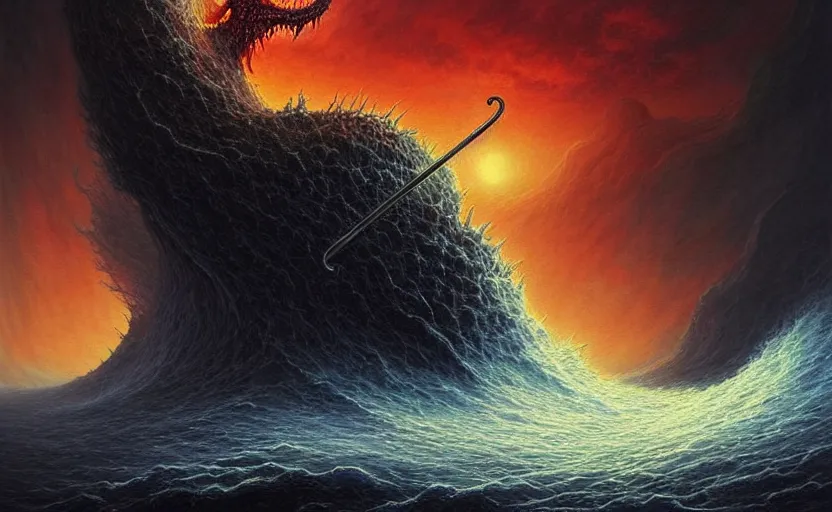 Image similar to beautiful digital fantasy illustration of a demon holding a staff!!, hellish background, a giant wave in the sky, apocalypse art!!!!, apocalypse landscape!!!!!, lovecraftian!!, cosmic horror!!!, concept art by Jarosław Jaśnikowski, a detailed matte painting by Dan Luvisi, cgsociety, fantasy art, highly detailed, soft lighting, rendered in octane, masterpiece, very very very aesthetic