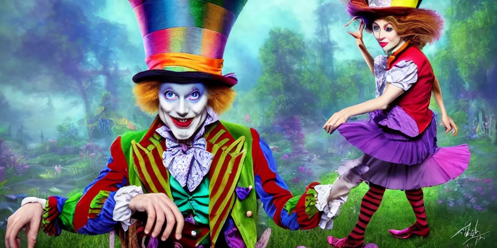 Image similar to The Mad Hatter, Alice in wonderland, colorful, wide angle, super highly detailed, professional digital painting, artstation, concept art, smooth, sharp focus, no blur, no dof, extreme illustration, Unreal Engine 5, Photorealism, HD quality, 8k resolution, cinema 4d, 3D, beautiful, cinematic, art by artgerm and greg rutkowski and alphonse mucha and loish and WLOP