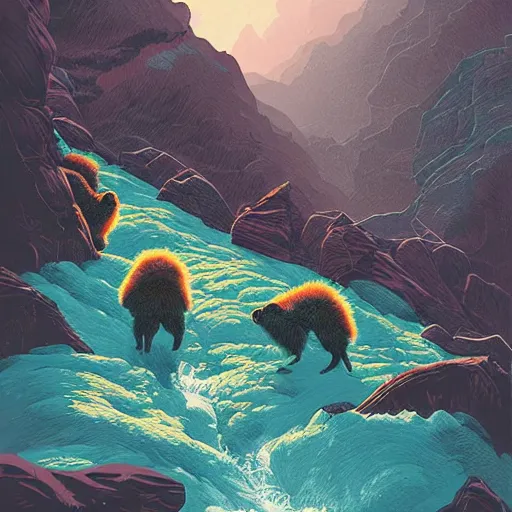 Prompt: painting by kilian eng of a group of marmots playing in a mountain stream, kilian eng