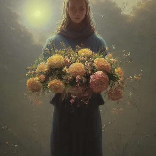 Prompt: portrait of god, holding a bouquet of flowers ， exude an eternity ， hyperrealistic, by beeple, greg rutkowski, caspar david friedrich, smooth, illustration, elegant, artstation, digital painting.