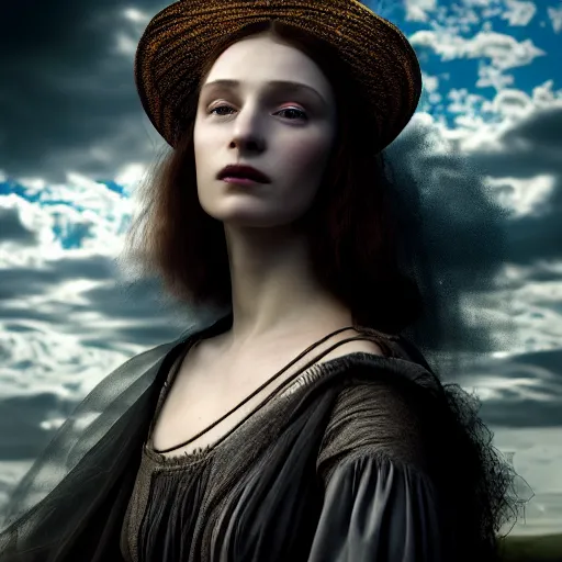 Image similar to photographic portrait of a stunningly beautiful female renaissance witch, dark moody clouds, god rays, contemporary fashion shoot, by edward robert hughes, annie leibovitz and steve mccurry, david lazar, jimmy nelsson, breathtaking, 8 k resolution, extremely detailed, establishing shot, artistic, hyperrealistic, perfect face, octane render