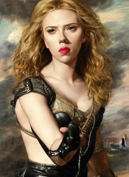 Image similar to , , Scarlett Johansson dressed as black Canary,, Dramatic, Edge, Good, Infused, Backlight, De-Noise, VFX, insanely detailed and intricate, hypermaximalist, facial ,elegant, ornate, hyper realistic, super detailed, by Anthony Van Dyck, by Ivan Shishkin, by John Constable