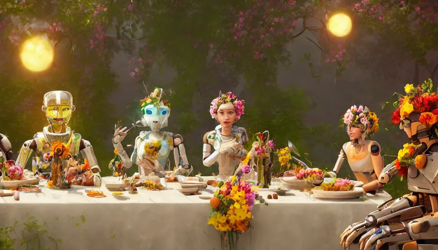 Prompt: a table dinner of humanoid robots where robots are dressed like the characters from the midsommar movie wearing flowers, realistic detailed digital art by maxwell boas jessica rossier christian dimitrov anton fadeev trending on artstation cgsociety rendered in unreal engine 4 k hq