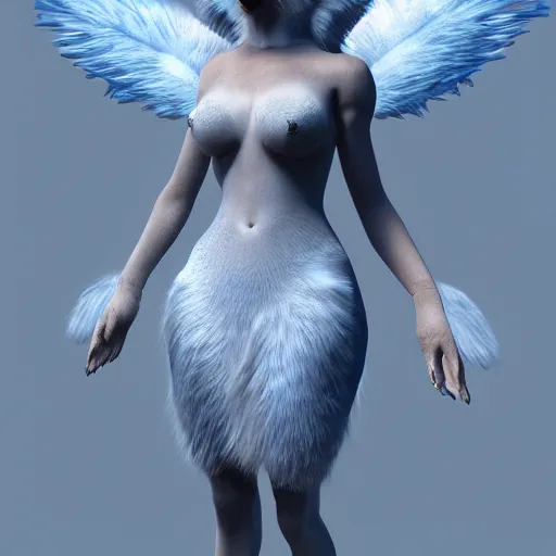 Prompt: 3 d render, well toned, large, female anthropomorphic wolf with wings, blue fur and scales with white spots and wings on her back, icey blue dress,.