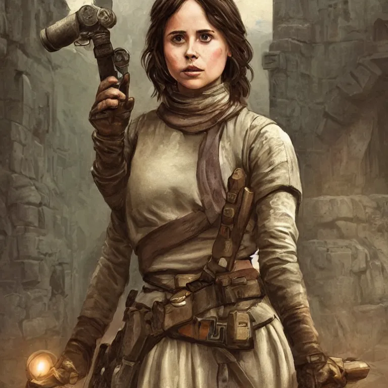 Prompt: portrait of jyn erso as a beautiful medieval maiden in a stone courtyard holding a rotary telephone, confident pose, coherent, insane detail, concept art, character concept, cinematic lighting, global illumination radiating a glowing aura