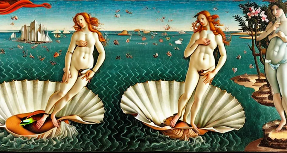 Prompt: Botticelli\'s the birth of Venus in the style of Wayne Thiebaud, detailed oil painting