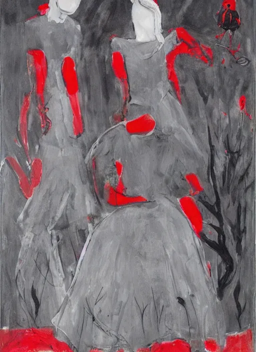 Image similar to a painting of AnnaSophia Robb, frozen cold stare, blood red background and transparent gray dress, crows as a symbol of death, in style of Chaim Soutine and Edward Hopper