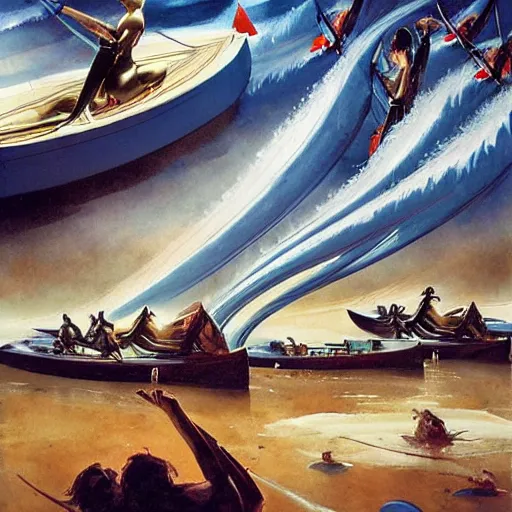 Image similar to by peter andrew jones, by rebeca saray tranquil. the installation art of a huge wave about to crash down on three small boats. the boats are filled with people, & they all look terrified.