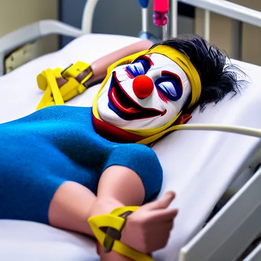 Image similar to laughing clown lying in hospital bed with wrist restraints on, restraint fabric straps attached to hospital bed, photograph, 8 k