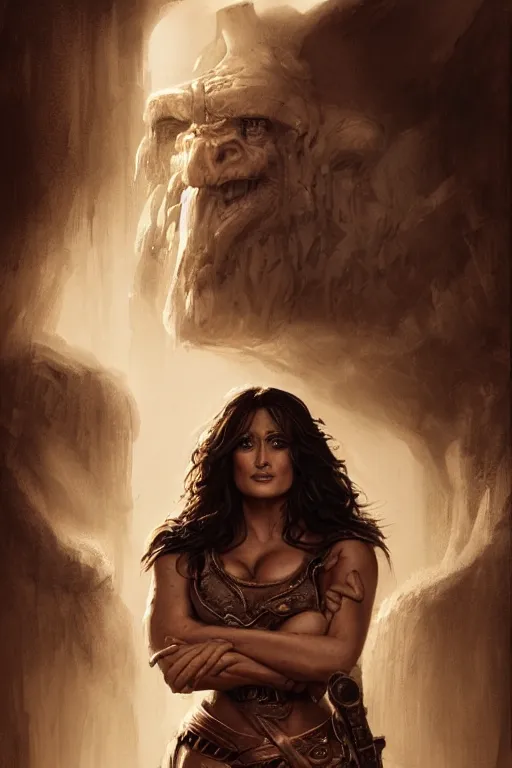 Image similar to portrait, Salma Hayek , barbarian , face portrait, raphael lacoste, eddie mendoza, alex ross, concept art, matte painting, highly detailed, rule of thirds, dynamic lighting, cinematic, detailed, denoised, centerd