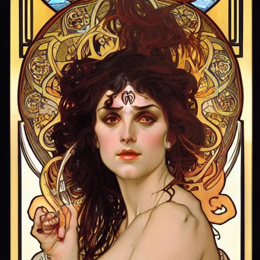 Prompt: realistic detailed face portrait of Kali by Alphonse Mucha, Greg Hildebrandt, and Mark Brooks, Art Nouveau, spirals, Neo-Gothic, gothic, Art Nouveau