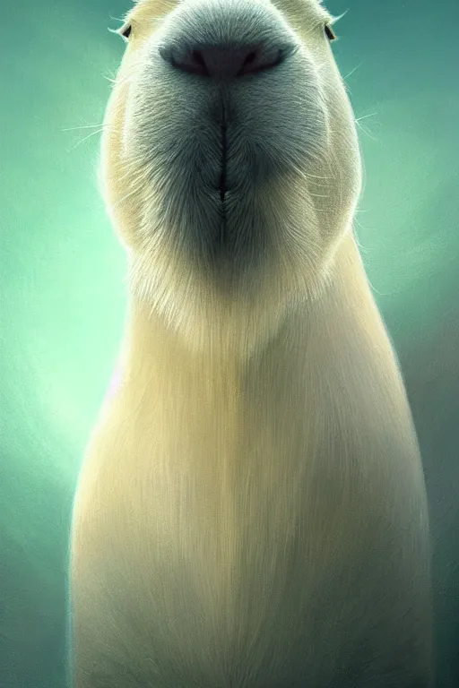 Image similar to complete and delicate portrait of a white capybara, beautiful, agile, fairy, myth, legend, detailed, trending on artstatioin, light effects, kilian eng, john harris, bastien lecouffe - deharme