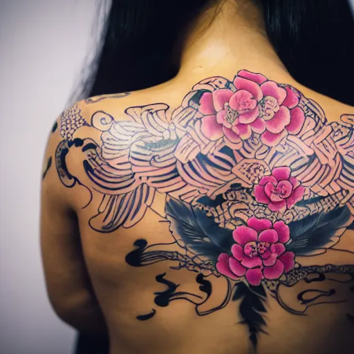 Image similar to photography of the back of a woman with an detailed irezumi tatto representing a tiger with pink flowers on her entire back, mid-shot, editorial photography