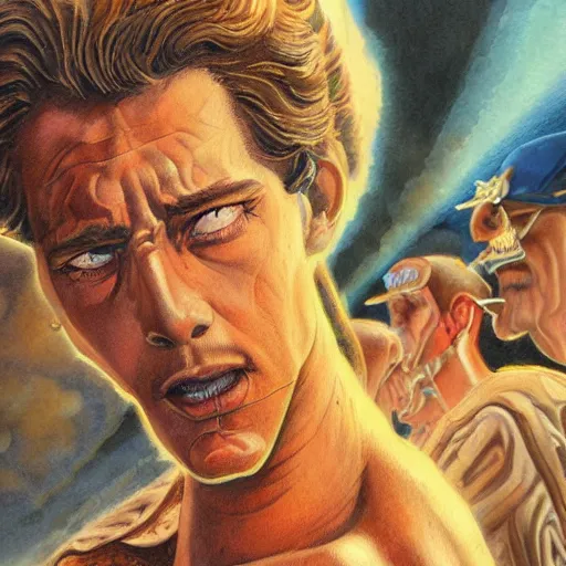 Prompt: detailed details photorealistic historical image gods vs titan in the style of bob peak and alex ross and moebius and jean giraud and ivan kramskoi and artgerm and gouache and wash paints color, detailed details facial and body and human and environments and proportionate, detailed 5 k details.